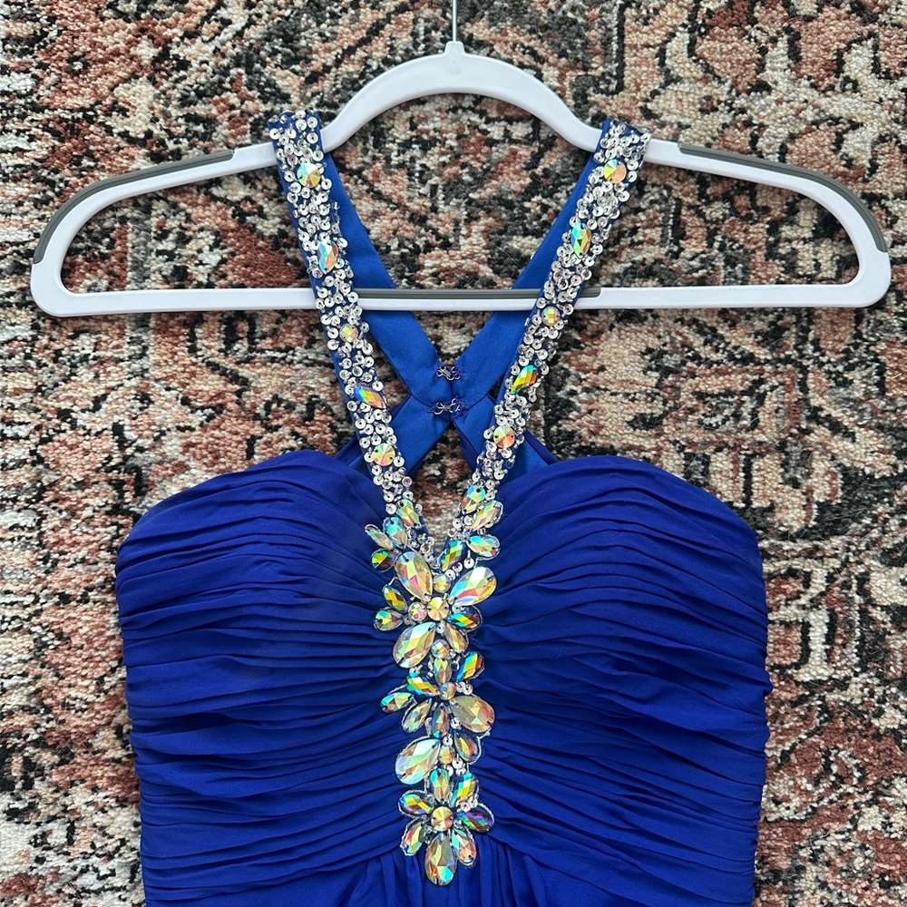 Vintage Royal Blue Beaded Halter Long Formal Dress